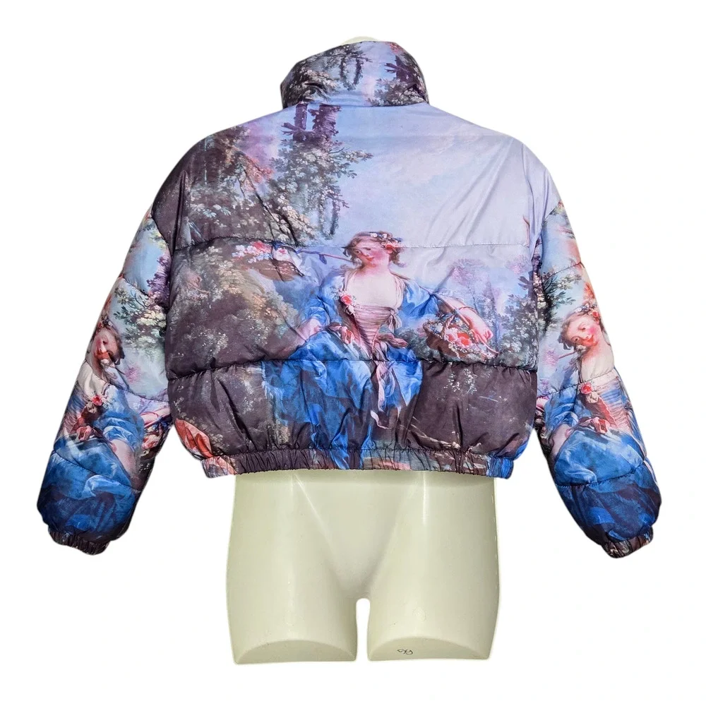Azalea Wang Renaissance Art Puffer Jacket Size XL Art to Wear Bomber Coat